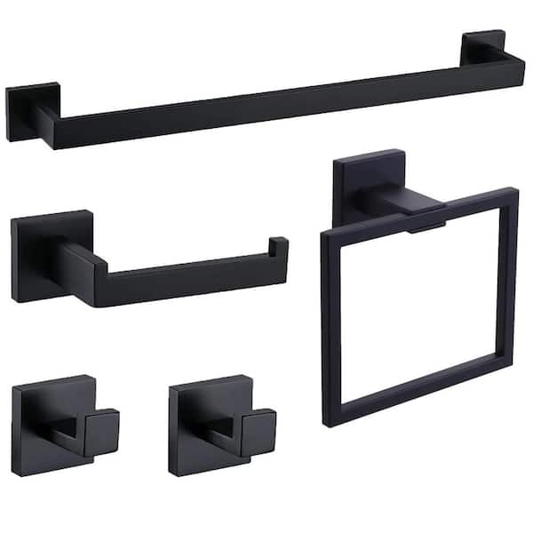 Interbath 5-Piece Bath Hardware Set with Towel Bar Toilet Paper Holder Double Towel Hook in Stainless Steel Black