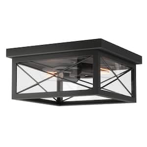 12.2 in. 2-Light Industrial Black Flush Mount Metal Farmhouse Close to Ceiling Light Fixture with Clear Glass Shade