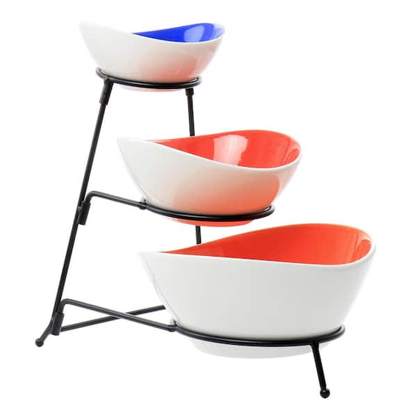Crenshaw 4 Piece 7.5 in 40 fl oz White Hand Painted Stoneware 3-Tier Serving Bowl Set with Metal Rack