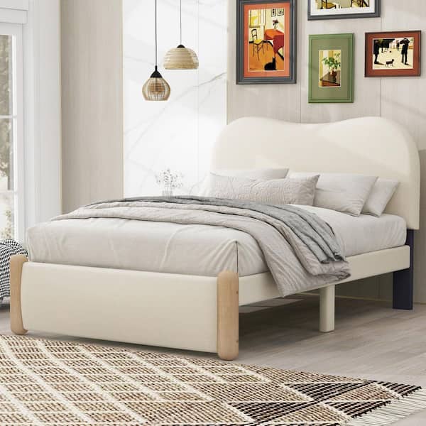 Polibi Beige Wood Frame Twin Size Platform Bed with Wood Supporting Feet