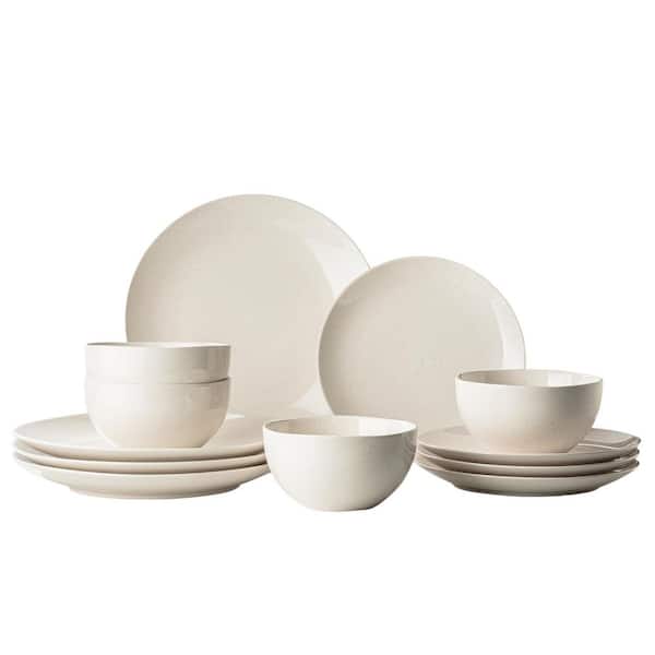 12-Piece White Stoneware Dinnerware Set (Service for 4), Reactive Glaze Dishes Set, Dishwasher and Microwave Safe