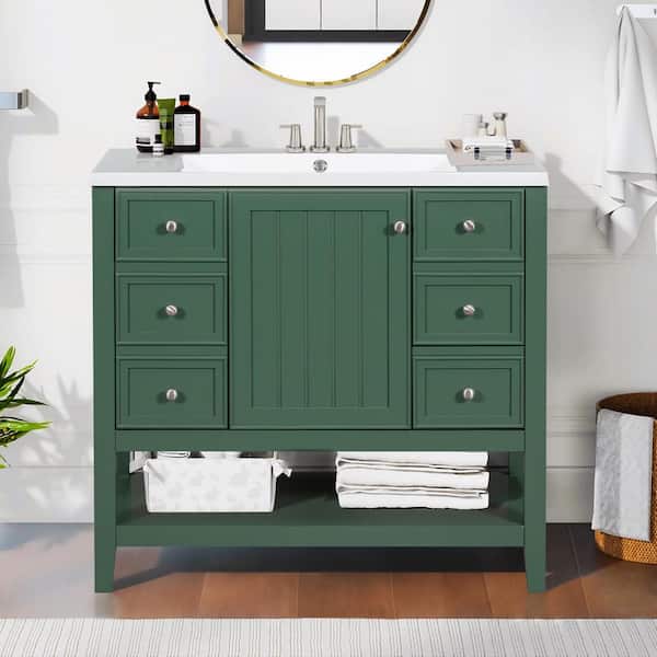 36 in. Single Sink Freestanding Green Bath Vanity with White Ceramic Top, 3 Drawers, Open Shelf, Unassembled