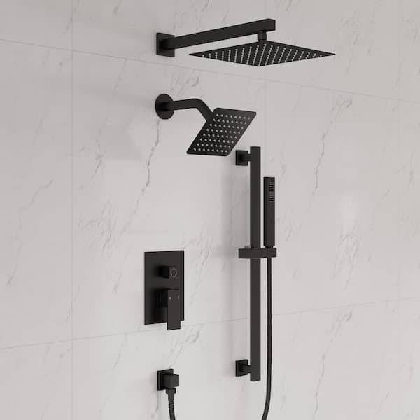 5-Spray Square 12 in. Rain Wall Mount Shower System with 6 in. Shower Head Handheld shower in Matte Black 2.5 GPM