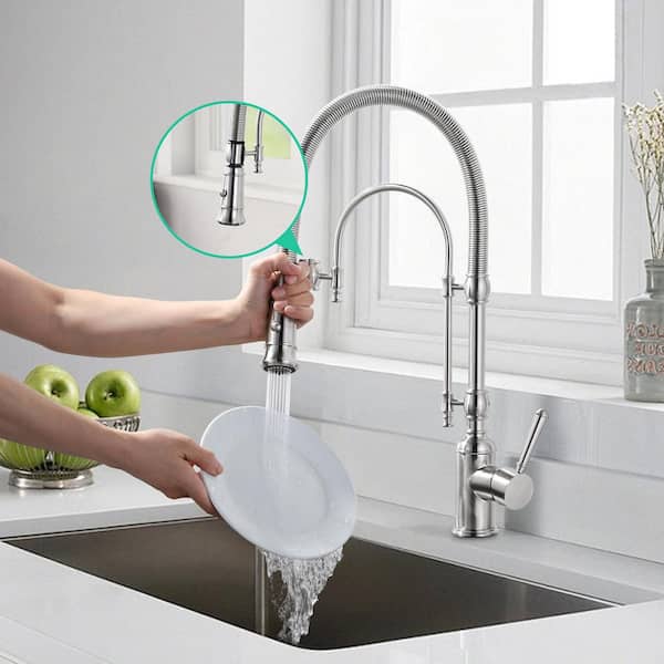Single Handle Pull Down Sprayer Kitchen Faucet Solid Brass in Brushed Nickel