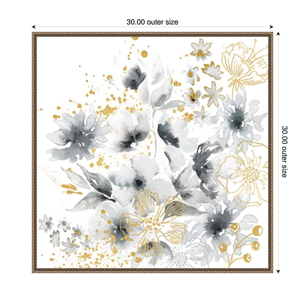30"x30" Watercolor Gray and Goldenrod Floral Canvas with Bronze Floater Frame