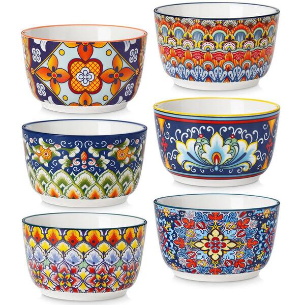 Set of 6 Colorful 8 Oz Ceramic Ramekins for Baking Soufflés Crème Brûlée and Pudding, 3.9 x 2.3 in Boho