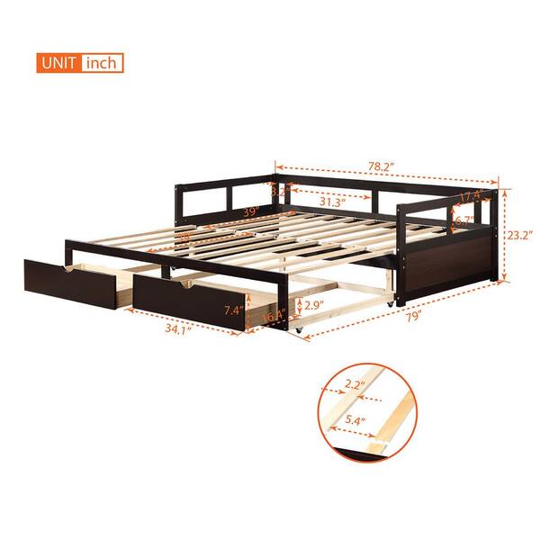 Anbazar Extendable Twin Espresso Daybed With Trundle Wood Pull Out And 2 Drawers To King Frame 00301anna Anbazar Extendable Twin Espresso Daybed, Daybed Trundle Pop Up King