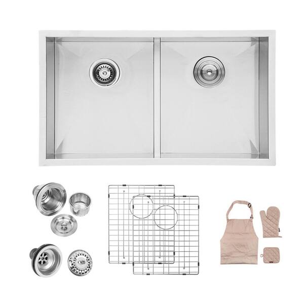 Matrix Decor 16 Gauge Stainless Steel 28 In Double Bowl Undermount Kitchen Sink With Assembly Mdh X55 Ul28a The Home Depot