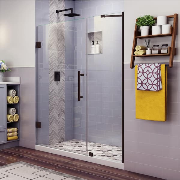 Aston Belmore 40.25 in. to 41.25 in. x 72 in. Frameless Hinged Shower Door with Frosted Glass in Bronze