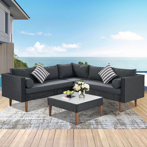 Unbranded Black 4-Piece Wicker L-Shape Patio Conversation Set with Gray Cushions, Colorful Pillows, Column Pillows