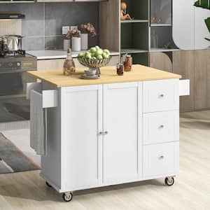 Simple White Kitchen Cart with Drop-Leaf Rubber Wood Tabletop