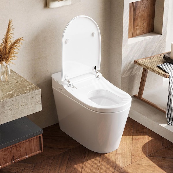 Elongated Smart Bidet Toilet 1. 28 GPF in White with Auto mode, Private Cleaning, Warm Air Drying, Sensor Flush, Heated