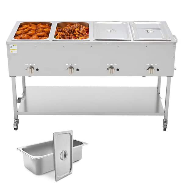 4-Pan Propane Steam Table, Outdoor LP Gas Food/Soup Warmer w/ Drain Valve, Wheels, Temp Control, for Restaurant/Camping