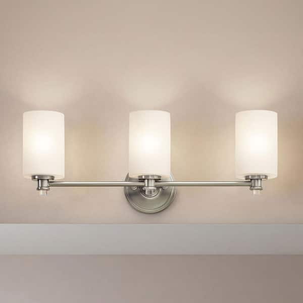 Joelson 24 in. 3-Light Brushed Nickel Transitional Bathroom Vanity Light with Satin Etched Cased Opal Glass