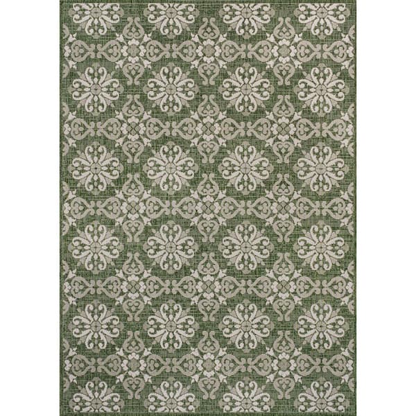 Amora Traditional Mediterranean Tile Design Green/Cream 5 ft. x 8 ft. Indoor/Outdoor Area Rug