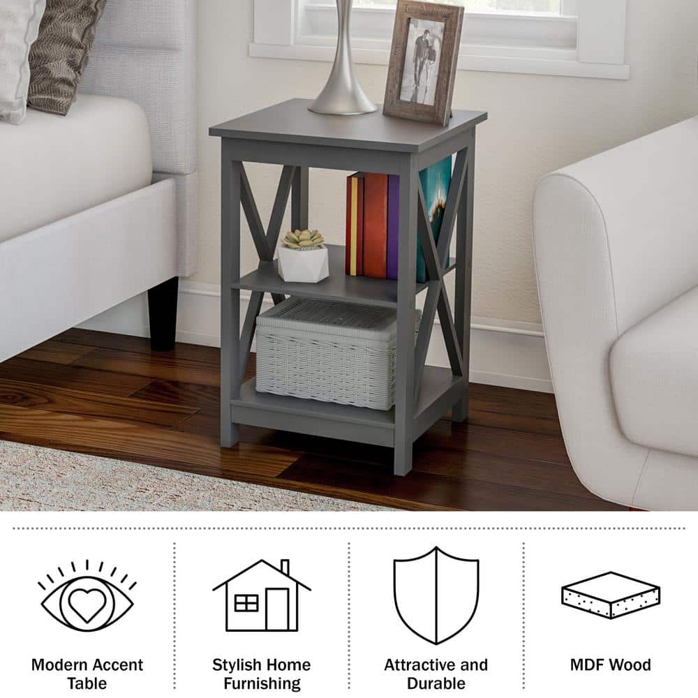 Gray Wooden X-Leg End Tables with Shelves, Set of 2