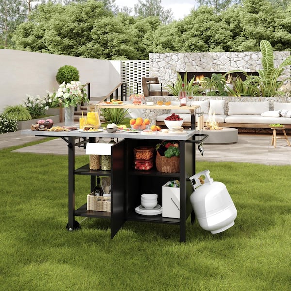 AURA Outdoor Black 4-Shelf Outdoor Multi-functional Grill Cart with Foldable Tabletop and Cabinet Door, Movable Food Prep Table AURA Outdoor Black 4-Shelf Outdoor Multi-functional Grill Cart with Foldable Tabletop and Cabinet Door, Movable Food Prep Table