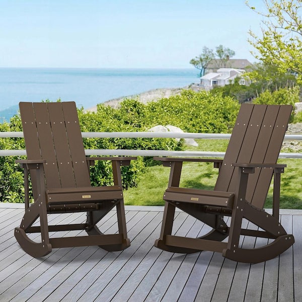 LUE BONA Doda Dark Brown Plastic Adirondack Rocking Chair Porch Rockers, Outdoor Rocking Chair (Set of 2)