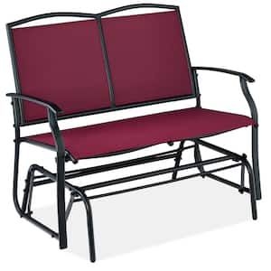 Burgundy/Black 2-Person Metal Outdoor Glider, Patio Loveseat, Fabric Bench Rocker for Porch with Armrests