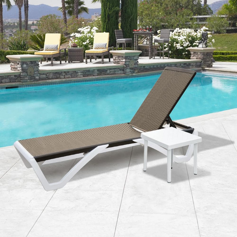 Kahomvis White Metal Outdoor Chaise Lounge with Table, Aluminum Framed ...