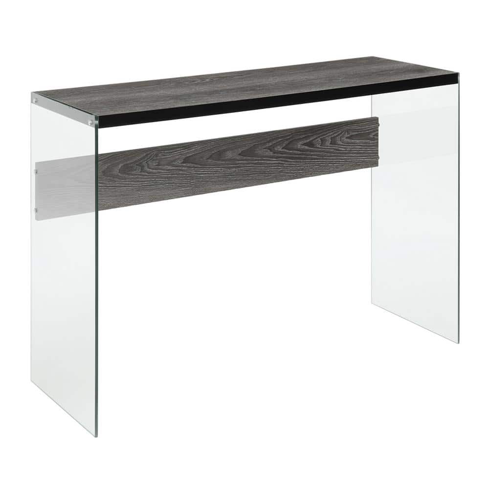 Weathered Gray Wood and Glass Console Table with Storage