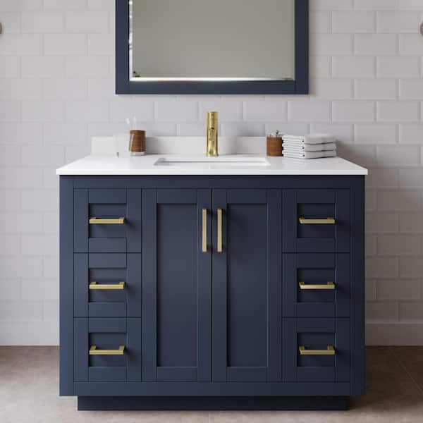 Wyndham Collection Miranda 42 in. W Single Bath Vanity in Dark Blue with Cultured Marble Vanity Top in White with White Basin and Mirror