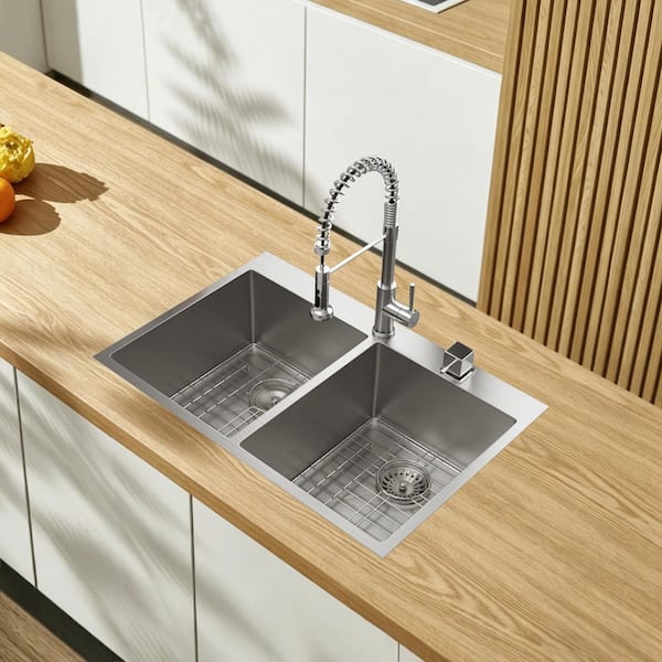 33 in. x 22 in. Drop In Double Bowl 16-Gauge Brushed Nickel Stainless Steel Kitchen Sink with Accessories