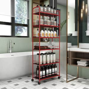 6-Tier Red Metal Slim Kitchen Cart, Slide Out Storage Tower Utility Cart with Wheels-22 in. W x 10 in. D x 61 in. H