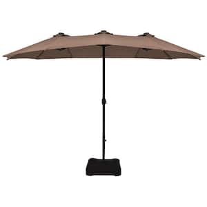 15 ft. Steel Double-Sided Solar LED Market Patio Umbrella in Tan with Crank Base
