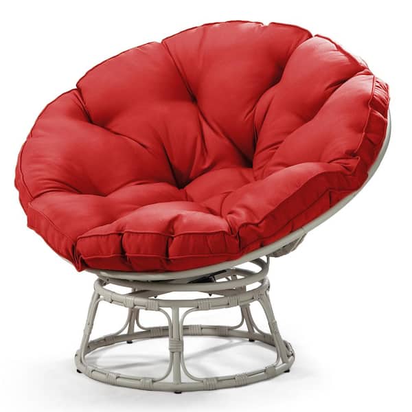 JUJABU Gray Wicker Outdoor Patio Swivel Papasan Lounge Chair with Red Cushion