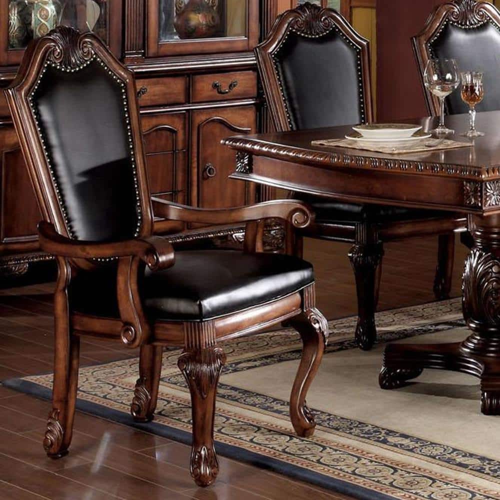 Chateau De Ville Black Faux Leather and Cherry Wood Arm Chair