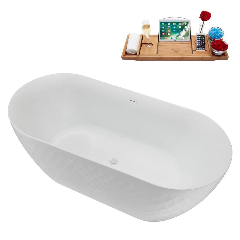 59" Glossy White Acrylic Freestanding Soaking Tub with Tray