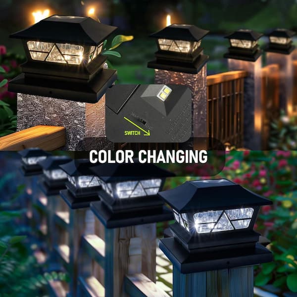 12-Pack Solar Post Lights With 2 Color Lighting, 16LEDs Post Cap Solar Lights Outdoor Waterproof, Fence Lights Solar-Powered For 4x4 4.5x4.5 5x5 Vinyl/Wooden Posts In Garden Stair Patio Deck, Black