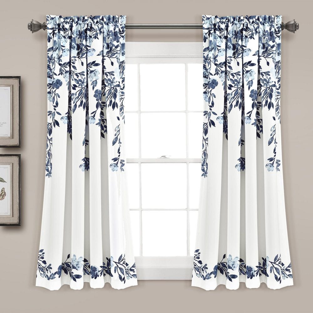 Navy and White Floral Print Blackout Curtain Panels