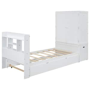 White Wood Frame Twin Platform Bed with Twin Trundle, Movable Bedside Table and Built-in Wardrobe