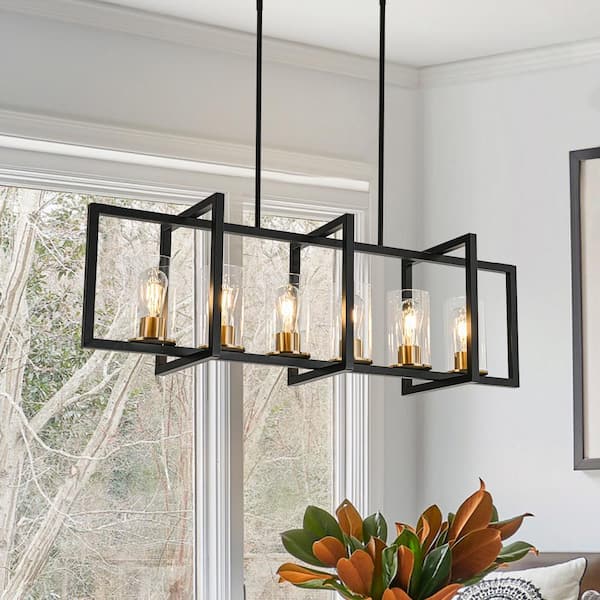 Ferrill 6-Light Modern Kitchen Island Light Black and Gold Industrial Linear Chandelier with Clear Glass