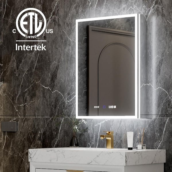 AZDHOME 24 in. W x 32 in. H Rectangular Silver Aluminum Recessed/Surface Mount LED Medicine Cabinet with Mirror, Right Hinge