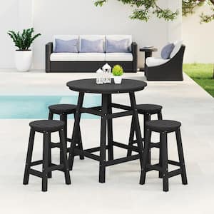 Laguna 5-Piece Counter Height HDPE Plastic Outdoor Patio Round High Top Bistro Dining Set in Black
