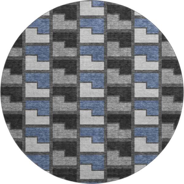 Mayfield Premium Machine Washable Abstract AMF2417 Black 8 ft. x 8 ft. Round Rug