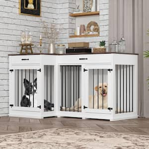 Indoor Dog Crate Furniture for 2 Dogs, Large Wooden Double Dog Kennel Corner Dog House Cage with Drawers for Medium Dogs