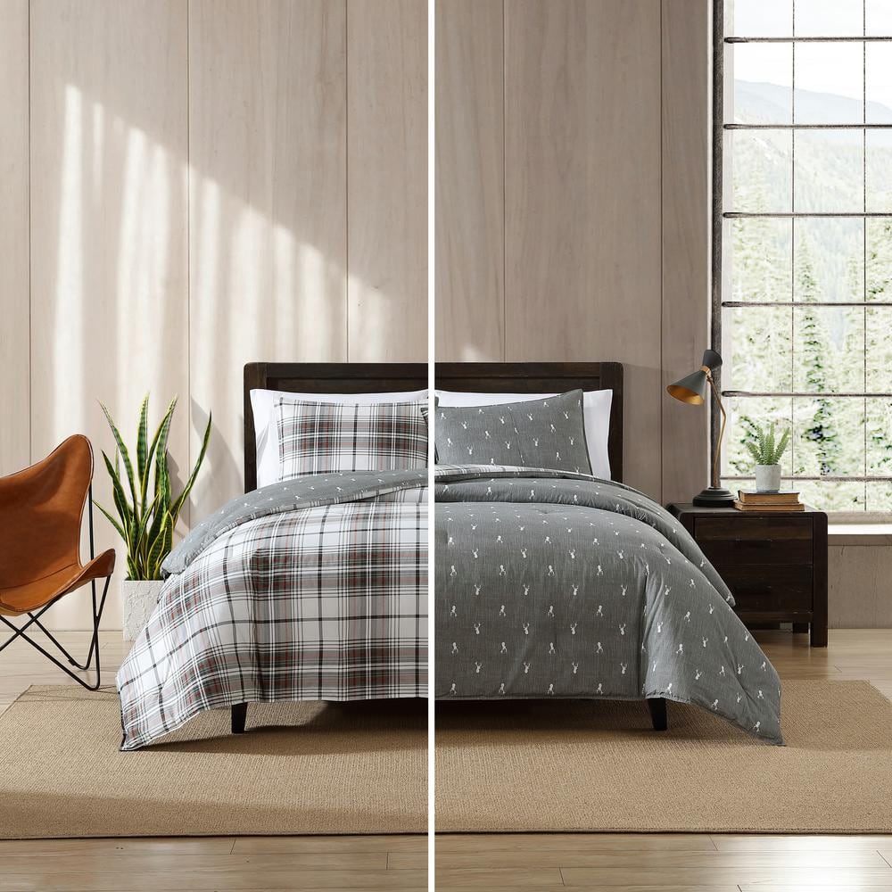 Queen Gray and Red Plaid Cotton Duvet Cover Set