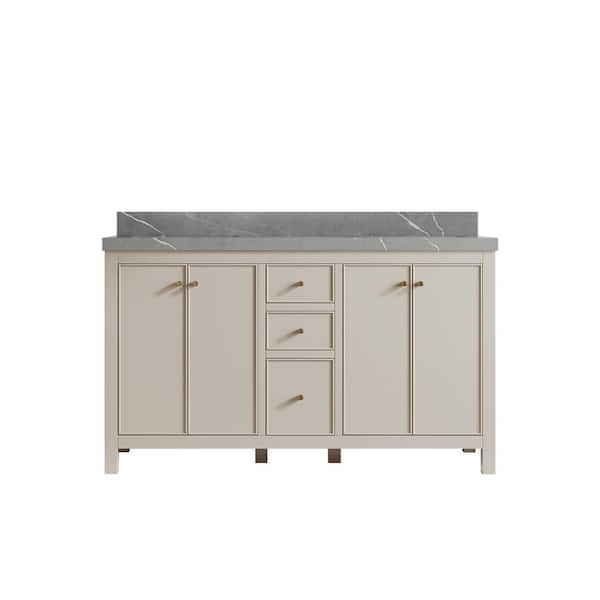 Willow Collections Chicago 60 in. Double Sink Freestanding Fine Grain Bath Vanity with Piatra Gray Qt. Top Unassembled