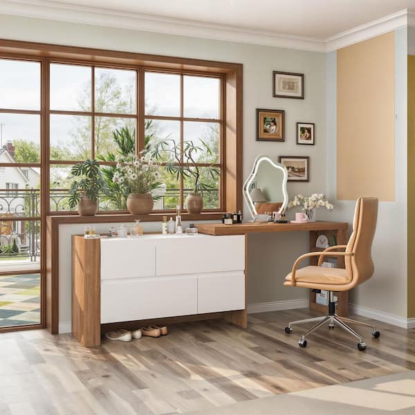 FUFU&GAGA 83.8 in. Width Rectangle White & Wooden Grain Wood 4 Drawers Writing Desk, Foldable Compuer Home Office Desk