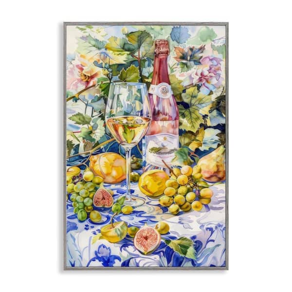 Stupell Industries Grape Vines Wine Glass by LSR Design Studio Gray Framed Food Giclee Art Print 18 in. x 12 in.