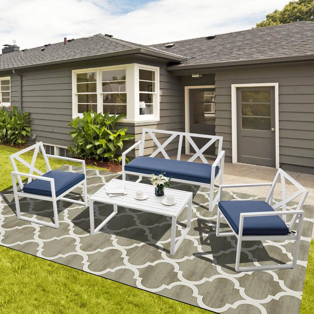 4-Piece Heavy-duty White Steel Frame Patio Conversation Set with Navy Cushi