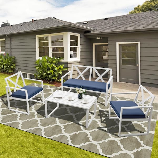ANGELES HOME 4-Piece Heavy-duty White Steel Frame Patio Conversation Set with Navy Cushions