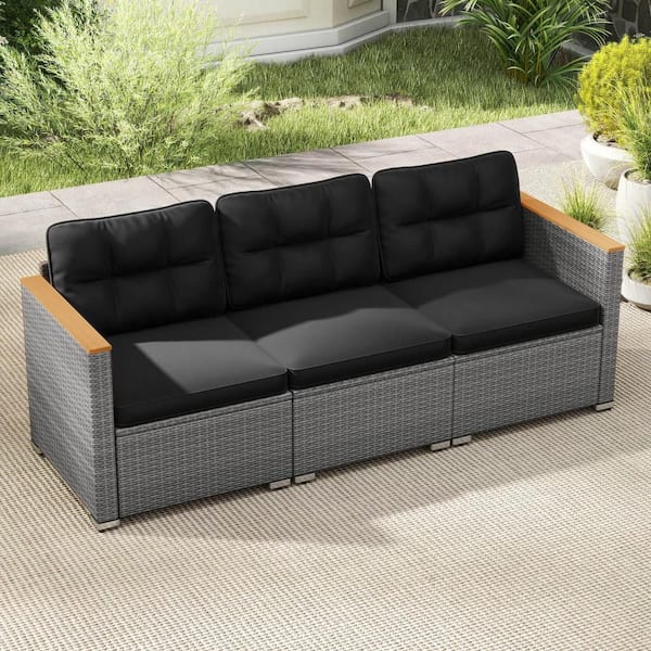 3-Seat Patio PE Rattan Wicker Outdoor Couch Sofa with Deep Seating and Black Cushion for Porch