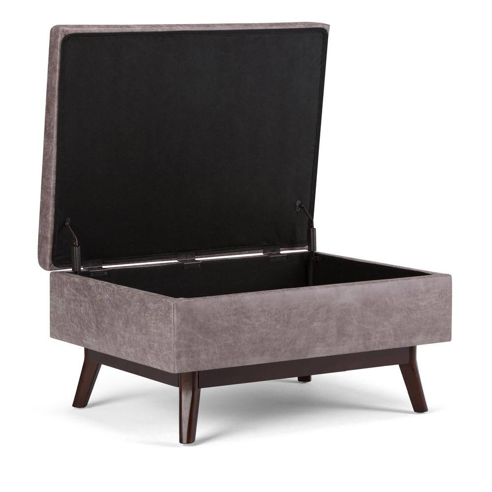 Mid-Century Modern Distressed Gray Taupe Wood Storage Ottoman