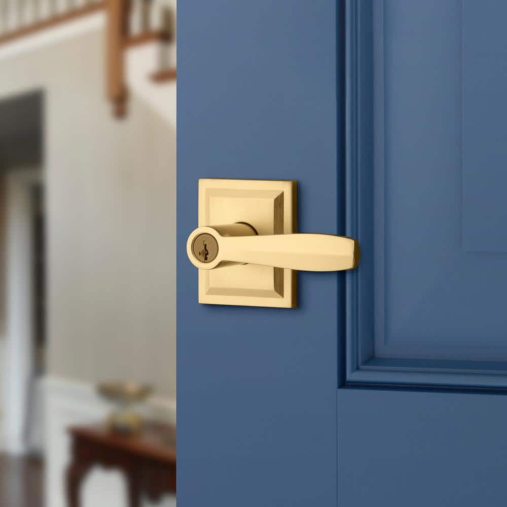 Satin Brass Square Backplate Keyed Entry Door Lever