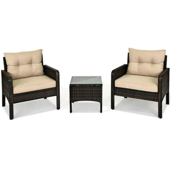 Alpulon 3-Pieces Outdoor Wicker Patio Conversation Furniture Set with Beige Cushion